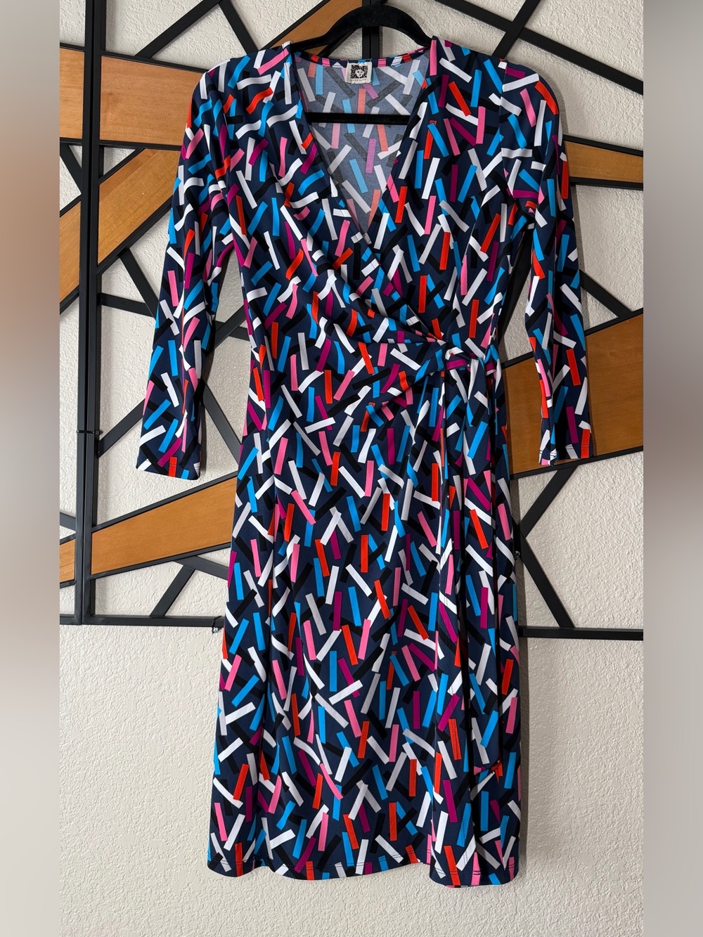 Anne Klein Black Multi-Color Wrap Midi Dress